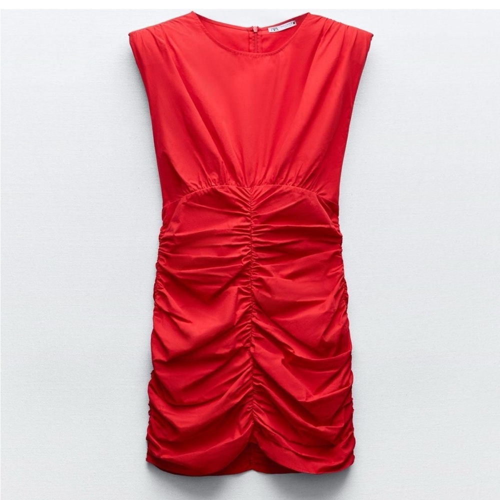 Zara red cotton shirred ruched mini dress